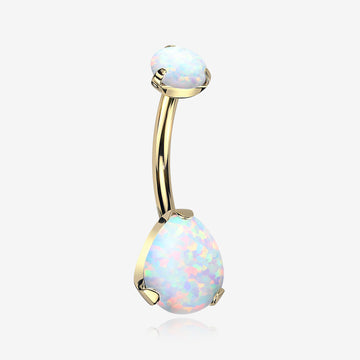 Implant Grade Titanium Golden Internally Threaded Teardrop Opal Prong Belly Button Ring-White Opal